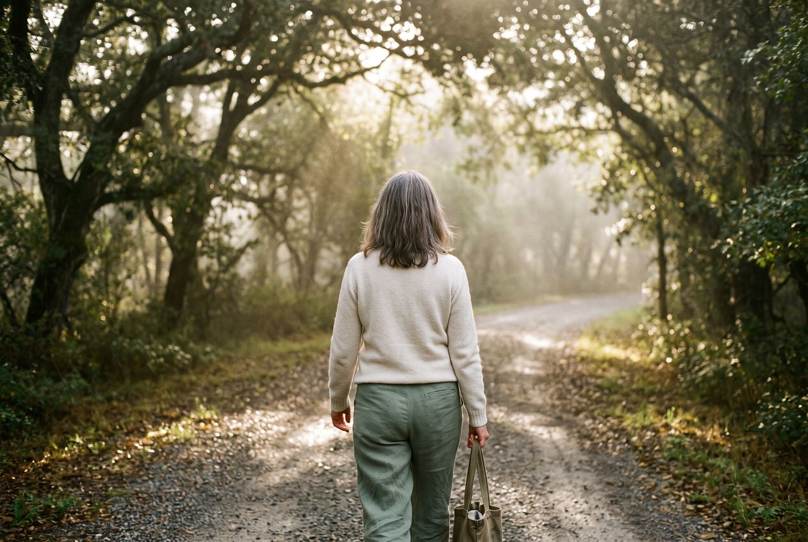 A quiet morning walk on a tree-lined path