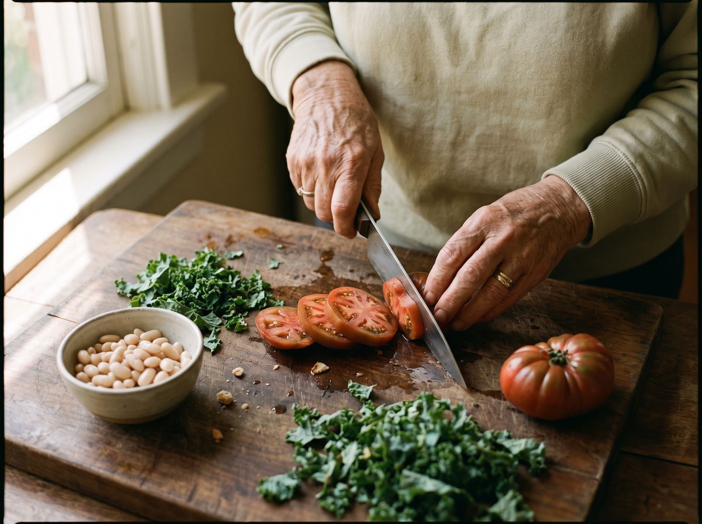 Hands preparing fresh vegetables on a wooden board